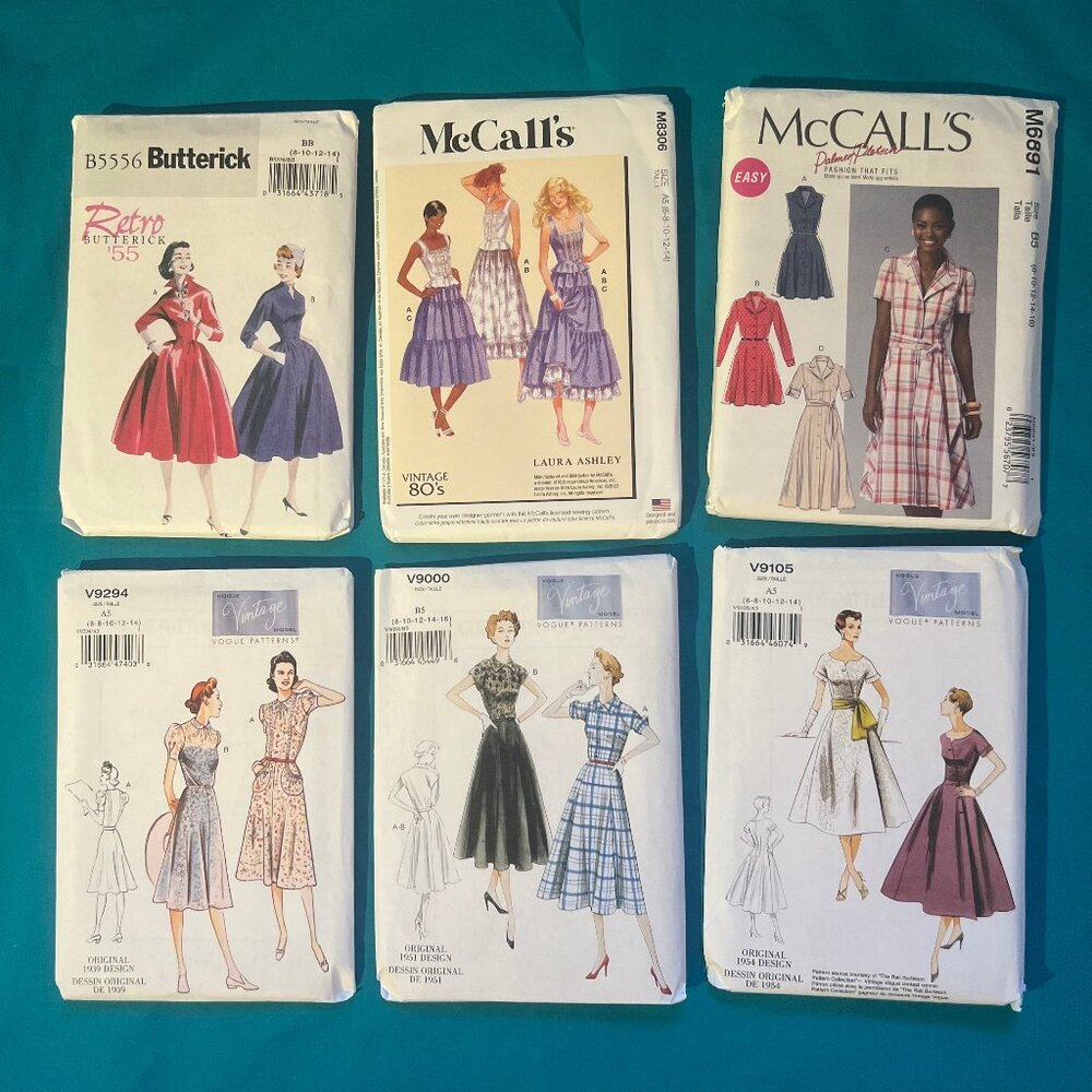 Lot of 6 Vintage Reproduction Sewing Patterns